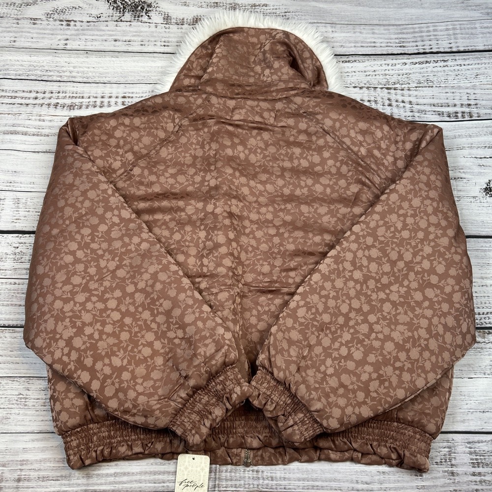 NWT Free People Puffer Jacket Crafted Floral Faux Fur Collar Bomber Sz Large - Picture 11 of 12